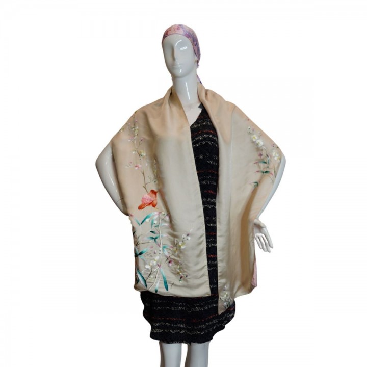 Silk scarf hand-embroidered with bamboo and bird 40*200 cm